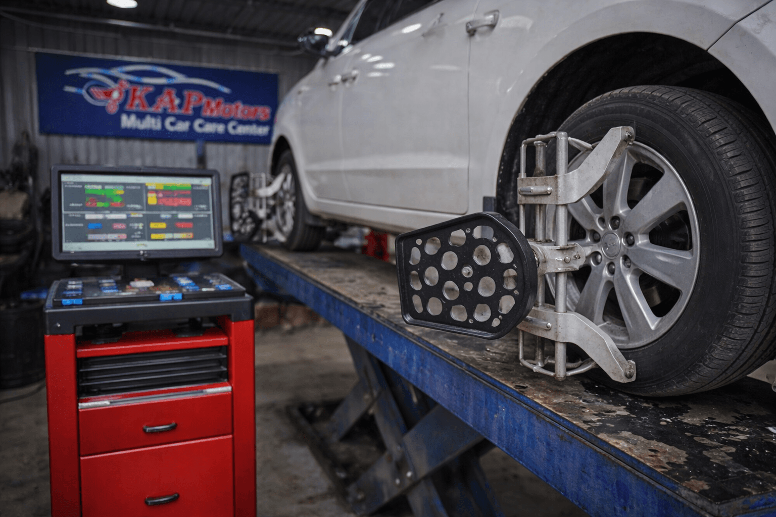 Mechanic with wrench at car lift